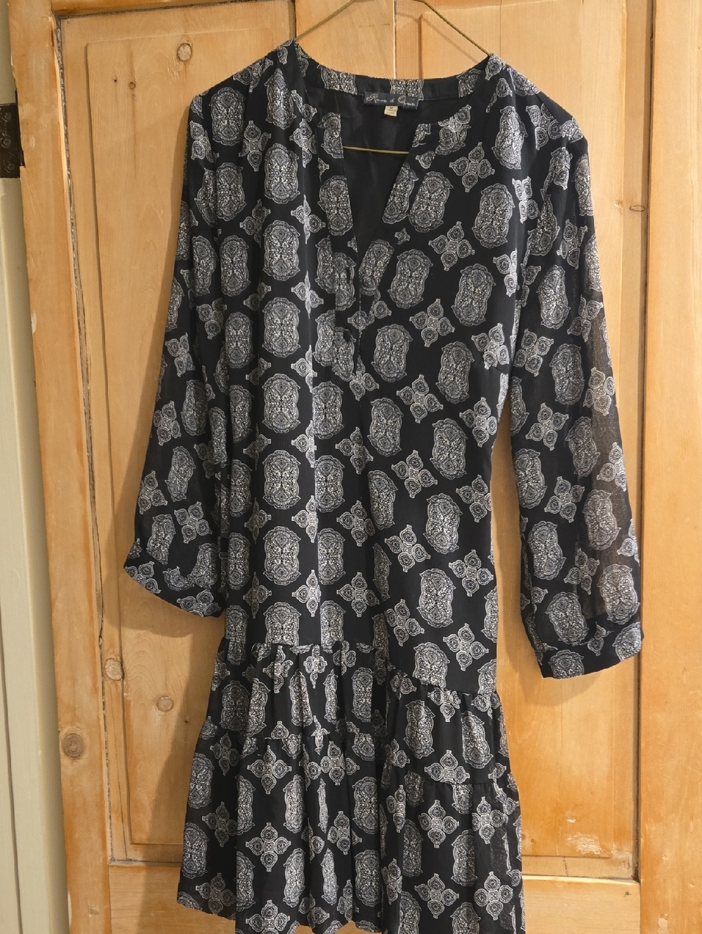 Black Printed Long Sleeve Drop Waist Dress
